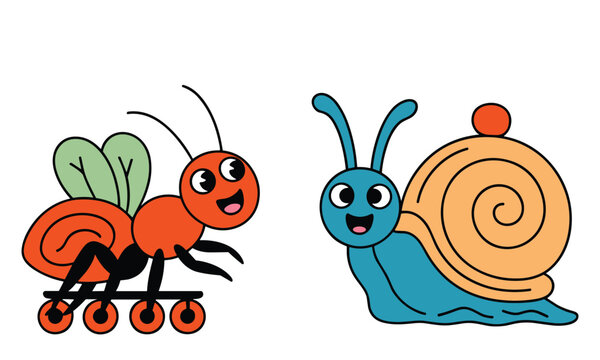 Cartoon Ant and Snail Characters Smiling Friendly.