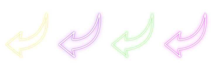 Set of four colorful glowing neon curved arrows in a horizontal row. Vibrant, energetic, and modern elements for nightlife flyers and digital navigation. © NeedyBro