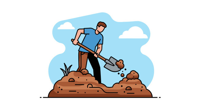 Cartoon man digging soil with a shovel outdoors