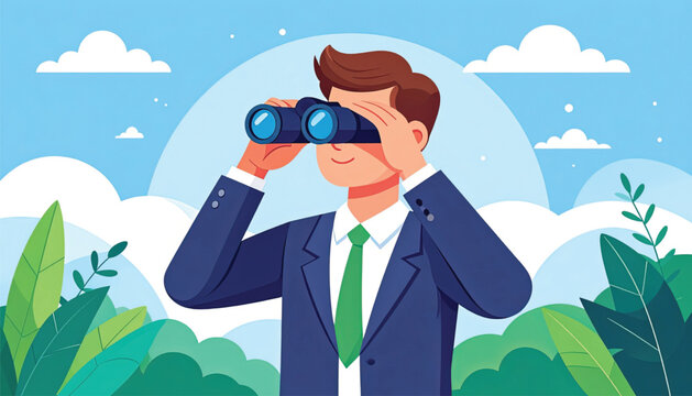 Businessman looking through binoculars forward.