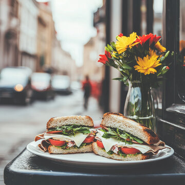 Hearty sandwiches and colorful flowers adorn an outdoor table, set against a softly blurred city street scene with cars and buildings