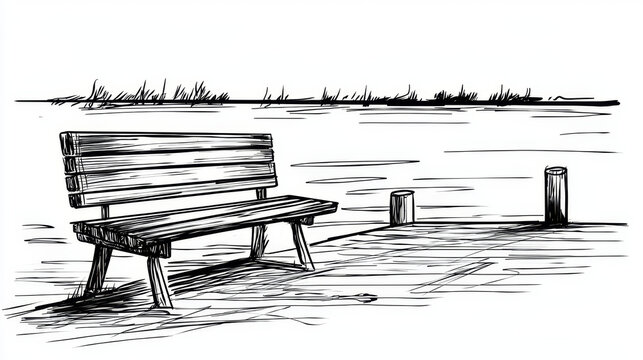 Ink sketch of an empty wooden bench on a dock, beside water with mooring posts and distant reeds