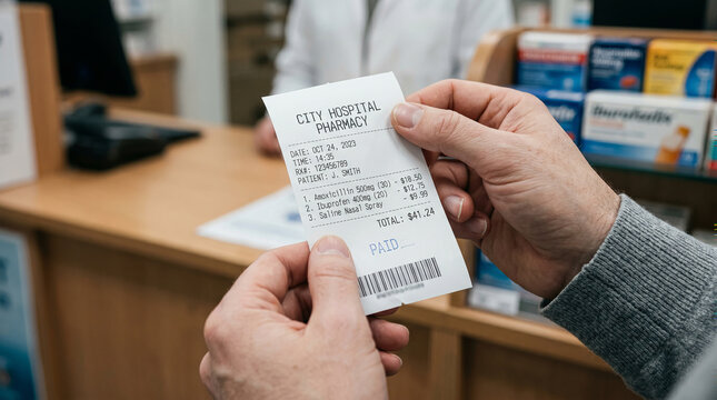 Close-up of Patient Hands Holding a City Hospital Pharmacy Receipt with List of Medications - Concept of Healthcare Costs, Prescription Payment, and Medical Expenses. 