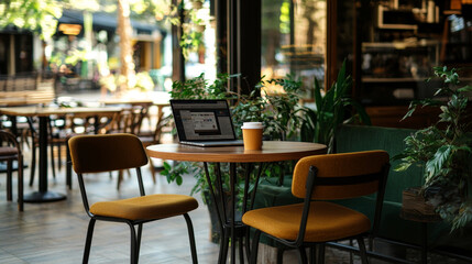 Obraz premium Laptop and coffee on a round table with mustard chairs, amidst green plants, overlooking a sunny outdoor cafe area
