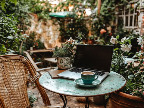 Laptop and coffee on a distressed outdoor table, surrounded by lush garden greenery and potted flowers, creating a peaceful workspace