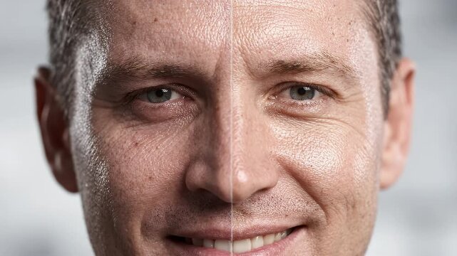 Split Face Concept Showing Mid Adult Man Health Transformation Before And After With Tired Stressed Skin Verses Vibrant Healthy Energetic Complexion