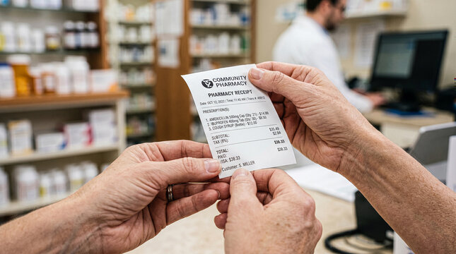 Senior Patient Hands Holding Community Pharmacy Prescription Receipt in Drugstore - Healthcare Costs, Medical Expenses, and Medication Management Concept.