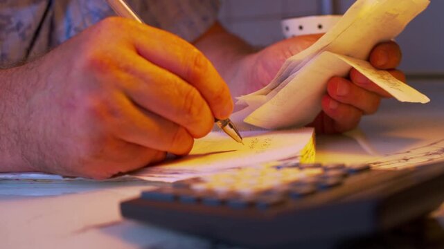 Low angle close-up of a man's hands copying financial data from paper receipts into a notebook under a desk lamp. Cinematic  shot of writing down expenses in a ledger book 