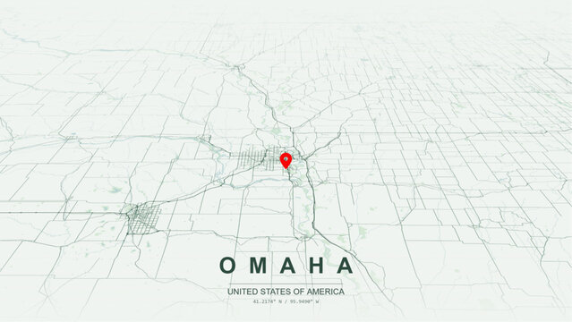 Modern minimalist vector map of Omaha, Nebraska, USA. High-quality scalable illustration of Omaha city grid, Missouri River waterfront layout, Carter Lake loop for posters design.