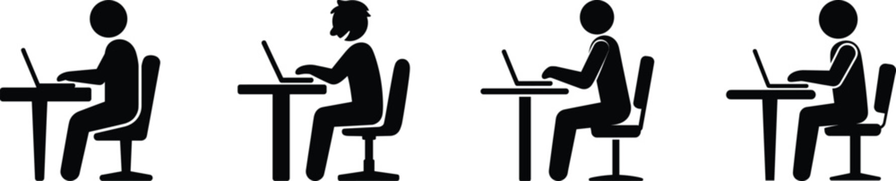 Four icon variations of a person sitting at a desk using a laptop computer illustration