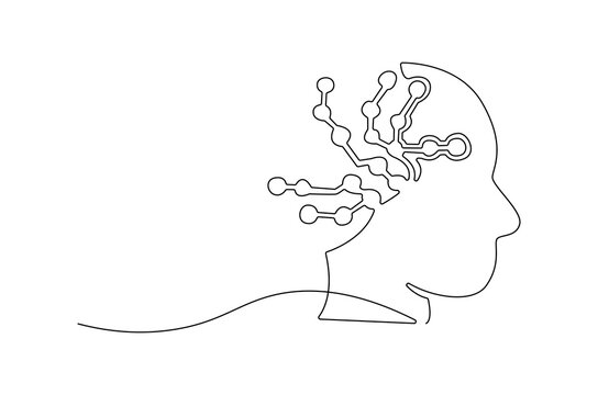 Continuous one line drawing of AI technology icons for web and mobile app. Single line drawing illustration of Machine learning.  Smart robotic concept vector art. Doodle line illustration.