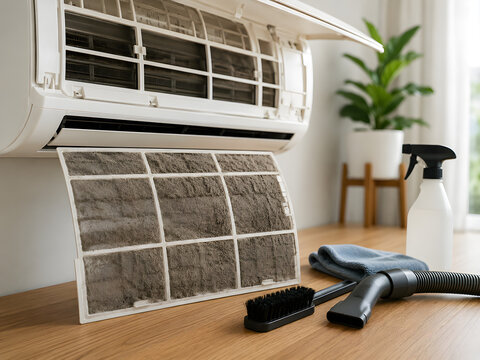 Air Conditioner Filter Cleaning with Vacuum and Tools