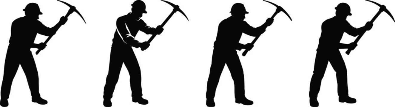 Silhouettes of miners swinging pickaxes in action poses male worker