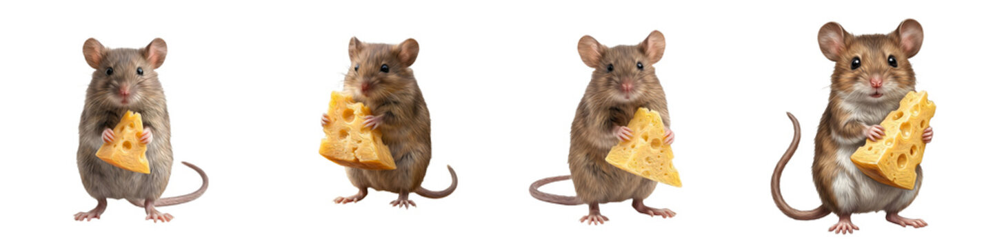 Cute Field Mouse Set: Tiny Brown Rat Holding Swiss Cheese Chunk, Realistic Rodent Wildlife Asset, Animal Character Eating Food Elements Isolated White Background Stock Photo