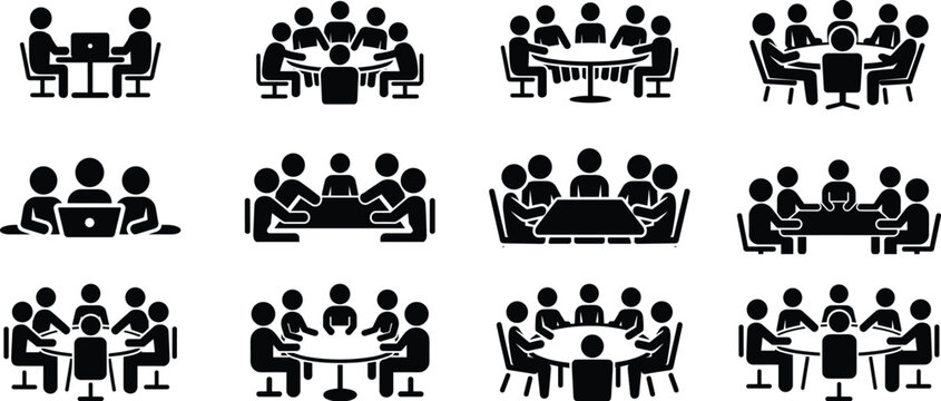 Twelve Silhouette Icons of People in Meeting and Collaboration Scenarios Around Tables figure person