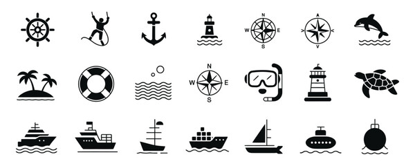 Nautical icons set including ships anchors compasses and lifebuoys on white background © Bd stock 