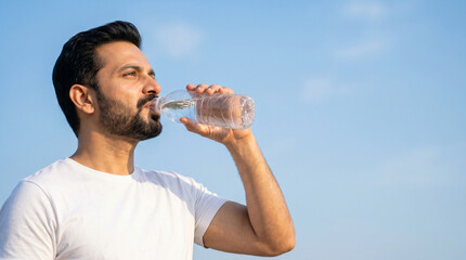 Middle aged Indian man drinking water outdoors under blue sky for hydration wellness and healthy lifestyle concept © Someone Cooked Here