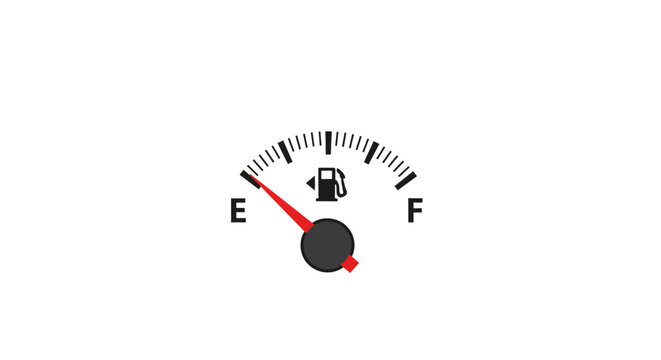 Low fuel gauge indicator on a dashboard meter with red needle pointing to empty