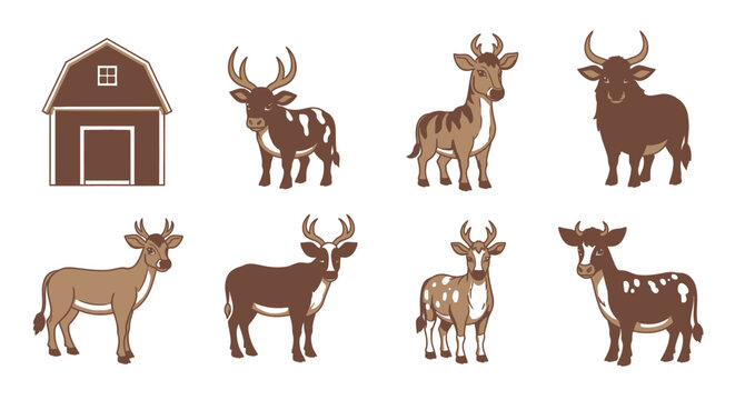 Set of farm animal illustrations including barn and cattle on white background