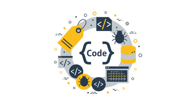 Software Development and Programming Concept Illustration with Coding Icons, Debugging, Database, and Web Design Elements