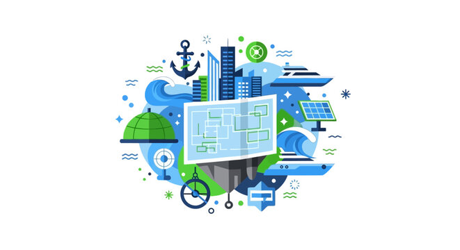 Modern Sustainable Maritime City Planning and Blue Economy Vector Illustration