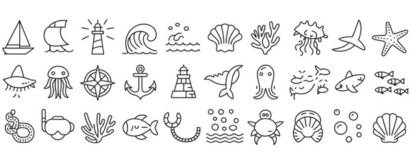 Fototapeta premium Seaside icons set including nautical symbols and ocean creatures