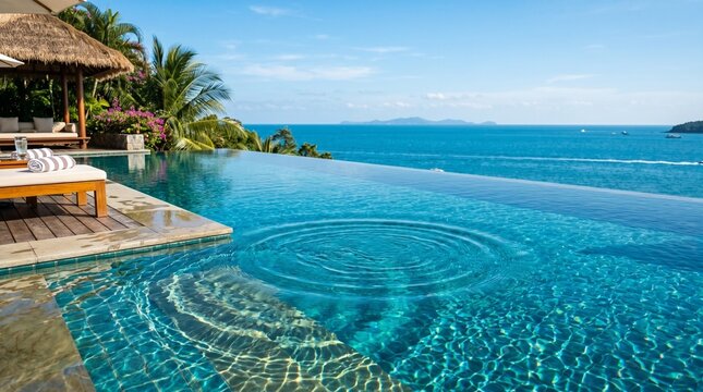 Luxury infinity pool overlooking a tropical ocean with palm trees and a thatched roof gazebo