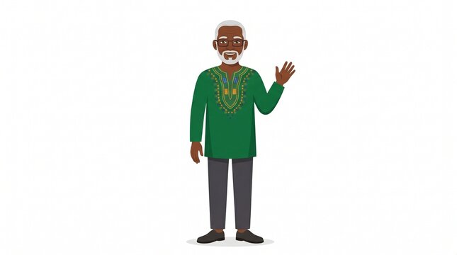 Smiling African American elder man wearing traditional green dashiki shirt and glasses waving hello