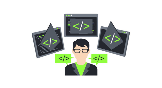 Professional Software Developer Coding and Programming with Multiple Digital Screens Flat Vector Illustration