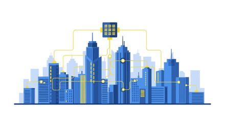 Fototapeta premium Smart City Illustration with Interconnected Digital Infrastructure and Urban Data Network Concept