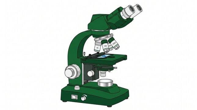Green laboratory microscope with multiple objective lenses and a slide on the stage