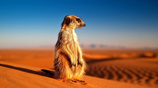 Alert Meerkat Standing on Desert Dune Under Blue Sky