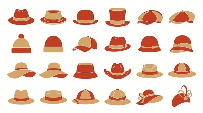 Collection of various hats and caps in red and beige colors on white background