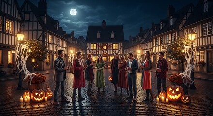 Fototapeta premium Group of Friends Celebrating Halloween in an Old European Town Square at Night.
