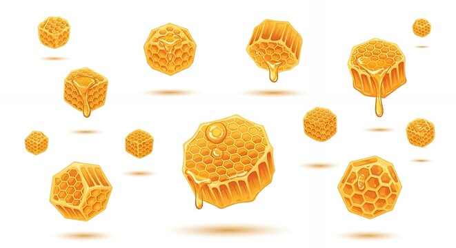 Set of Realistic Floating Hexagon Honeycomb Cubes with Dripping Gold Liquid Honey Isolated on White Background