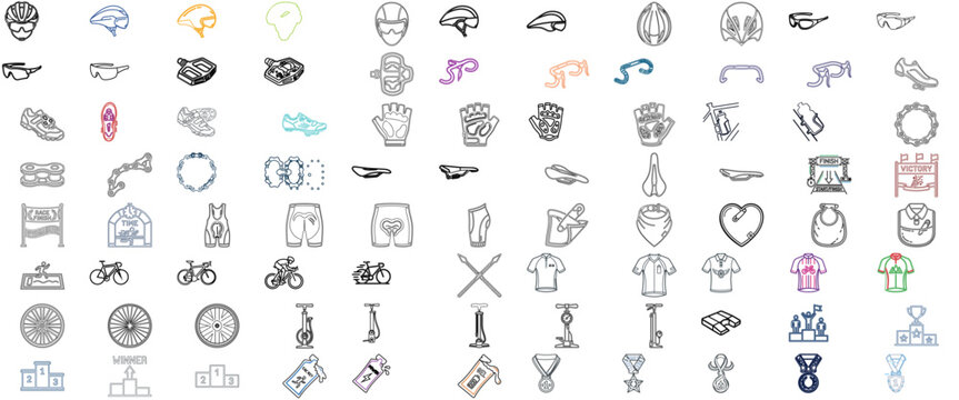 Comprehensive Track Field and Cycling 2 Vector Icon Set: 88 Minimalist Flat Icons showcasing Sleek Aerodynamic Racing Helmets, High Performance Road Bike Gear, Athletic Shoes, and Padded Gloves.