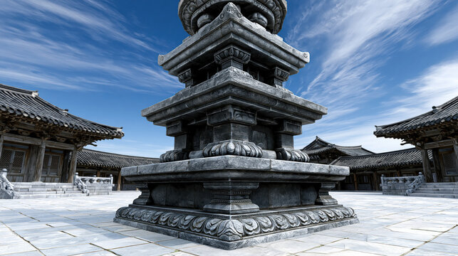 Ancient temple courtyard stone pagoda Silla dynasty style historic monument ornate architecture blue sky stone carving cultural heritage Korea travel scene