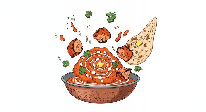 Hand Drawn Illustration of Traditional Indian Butter Chicken with Flying Naan Bread and Spices in a Copper Bowl