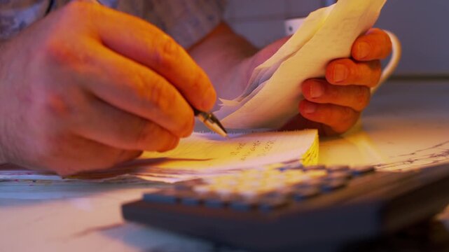 Low angle close-up of hands copying receipt data into a financial notebook under a desk lamp. Shallow DoF. Metaphor for home accounting, tracking expenses, cost cutting and family budgeting.
