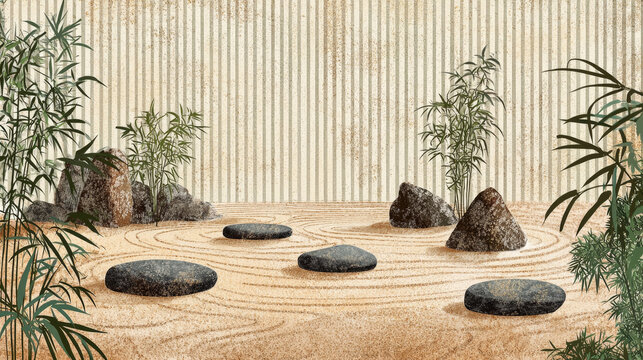 Serene Zen garden featuring raked sand, dark stones, and lush bamboo against a textured striped background