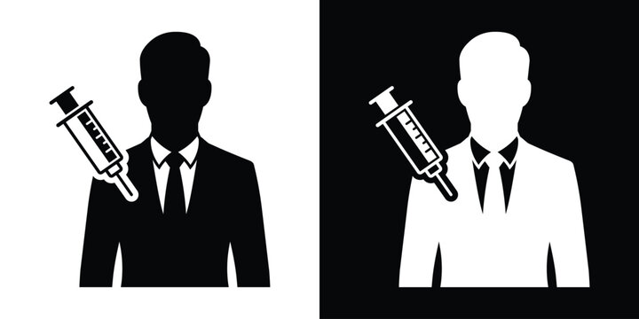 Businessman in suit getting a vaccine injection icon. Silhouette vector graphic depicting mandatory corporate vaccination or employee health protection.