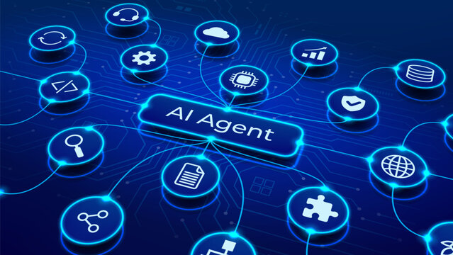 Visualization of AI agentic workflow automation. Concept of artificial intelligence agent software interface. Futuristic vector illustration with tech icons of AI workflow on circuit board background.