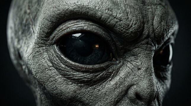 Close up of a realistic alien face with dark eyes and textured gray skin