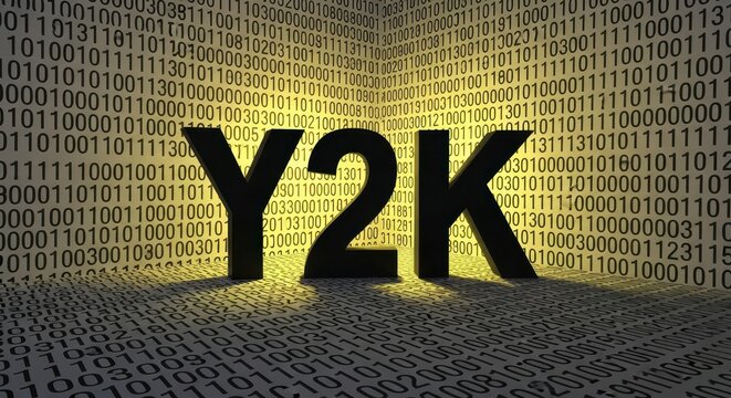 Y2K Millennium Bug Concept with 3D Text Over Binary Code Background and Yellow Spotlight Lighting Effect