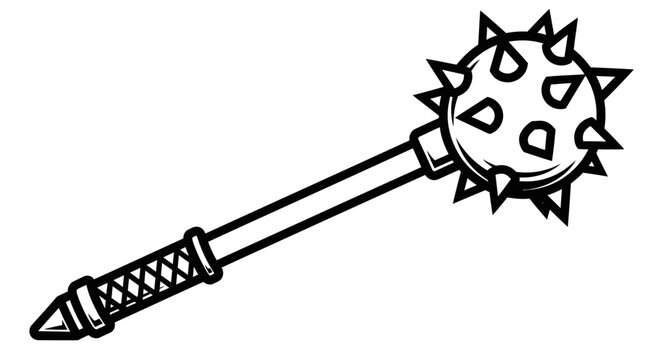 Black and white line art illustration of a medieval spiked mace weapon
