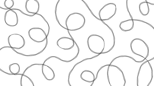 Black looping scribble lines on white background with playful hand drawn swirls, loose abstract curls, sketchy movement and decorative path pattern