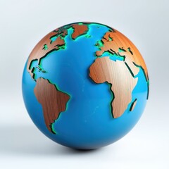 Fototapeta premium Stylized globe illustration. Blue oceans contrast wood continents. Bright, clean aesthetic. Minimalist design, global representation.