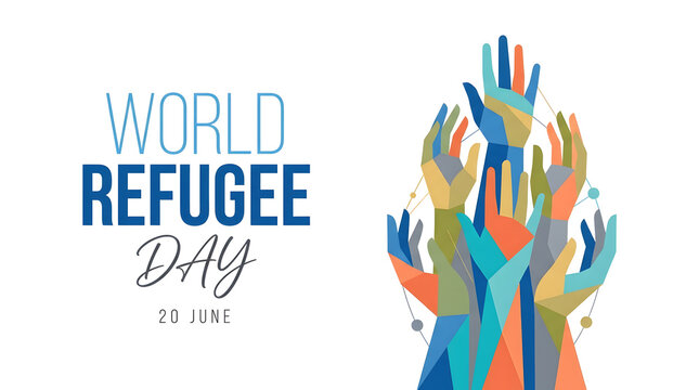 World refugee day graphic illustration with reaching hands diversity colorful community equality