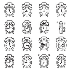 Fototapeta premium Vintage alarm clocks collection in clean line drawings against a white background symbolizing time management and deadlines