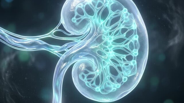 Abstract 3D animation of a glowing human kidney with intricate internal structures.